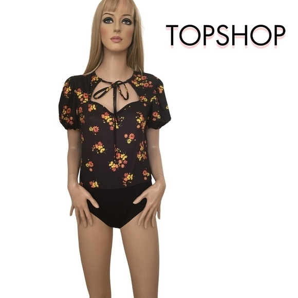 TOPSHOP Keyhole Front Floral Blouse Top Bodysuit Romper NWOT - Picture 12 of 14